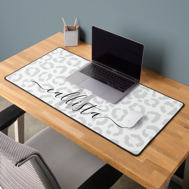 Elegant White Grey Leopard Cheetah Animal Print Desk Mat (Office 2)