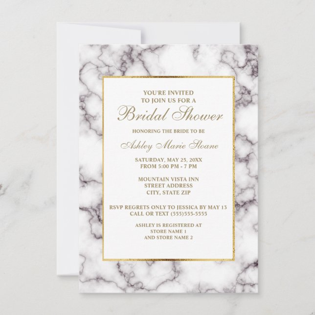 Elegant White Grey Marble Gold Trim Bridal Shower Invitation (Front)