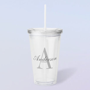Elegant White & Grey Monogram Acrylic Tumbler