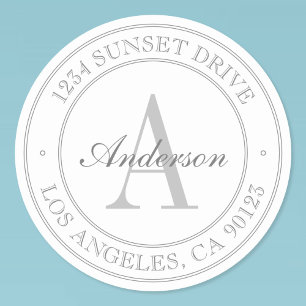 Elegant White & Grey Monogram Address Classic Round Sticker