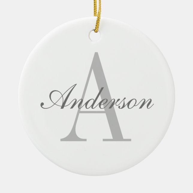 Elegant White & Grey Monogram Ceramic Ornament (Front)