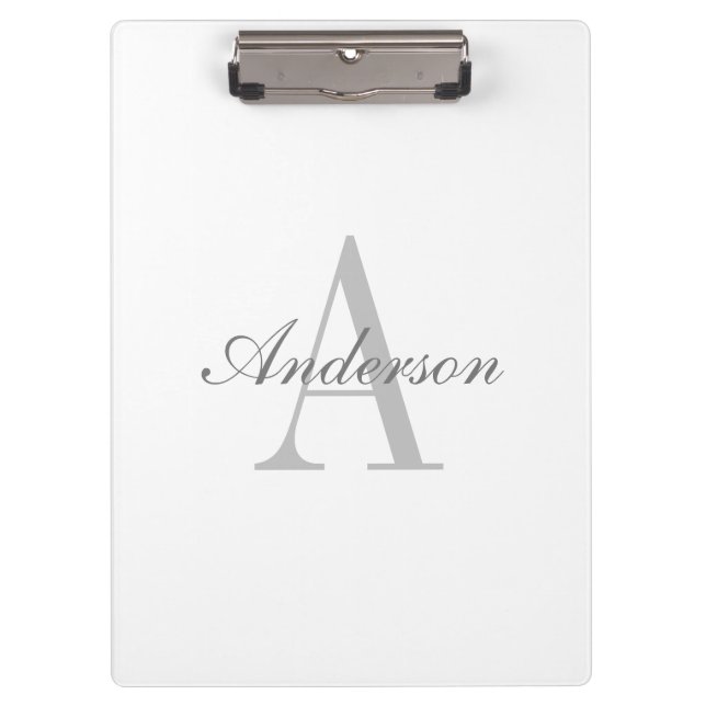 Elegant White & Grey Monogram Clipboard (Front)
