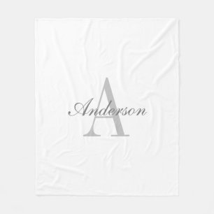 Elegant White & Grey Monogram Fleece Blanket