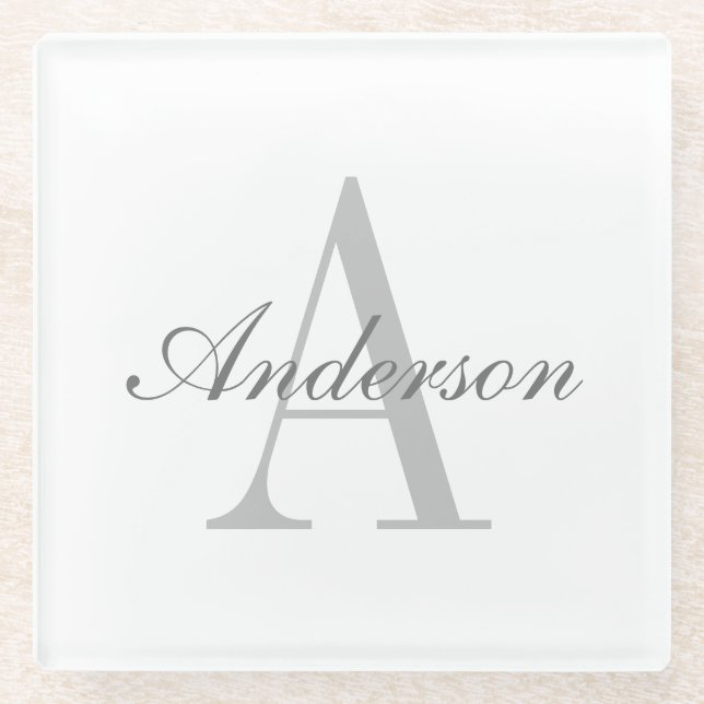 Elegant White & Grey Monogram Glass Coaster (Front)
