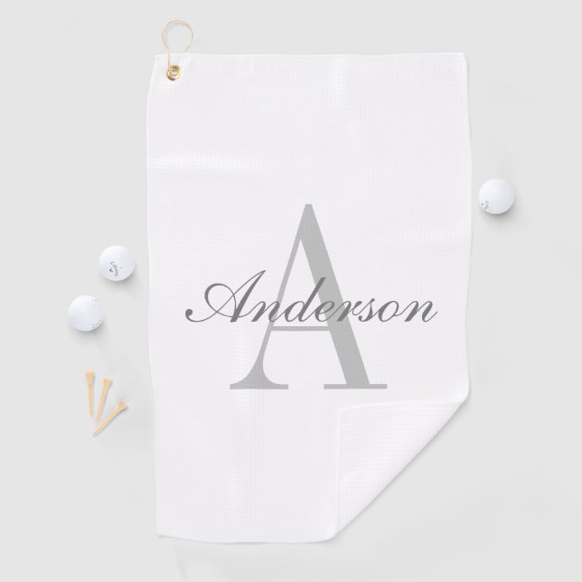 Elegant White & Grey Monogram Golf Towel (InSitu)