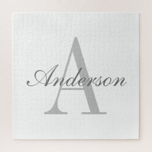 Elegant White & Grey Monogram Jigsaw Puzzle