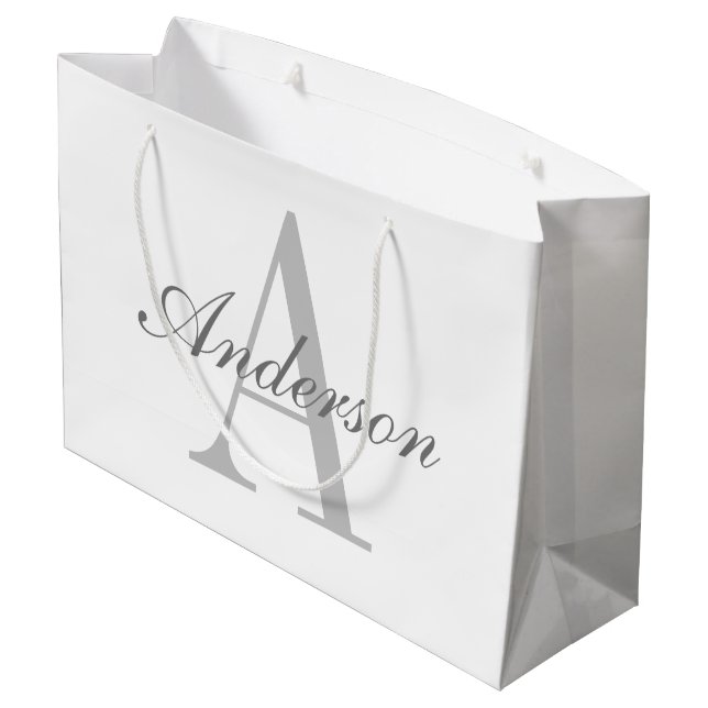 Elegant White & Grey Monogram Large Gift Bag (Back Angled)