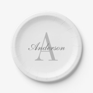 Elegant White & Grey Monogram Paper Plate