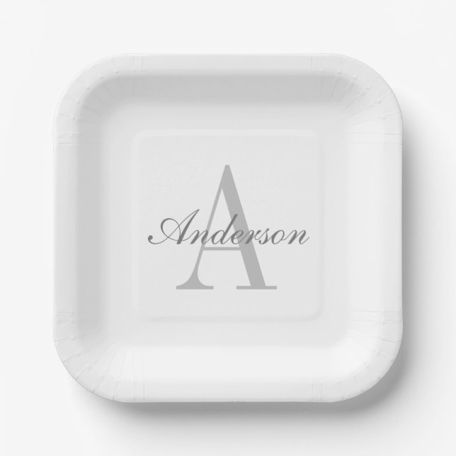 Elegant White & Grey Monogram Paper Plate (Front)