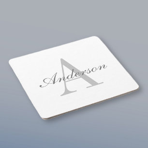 Elegant White & Grey Monogram Square Paper Coaster