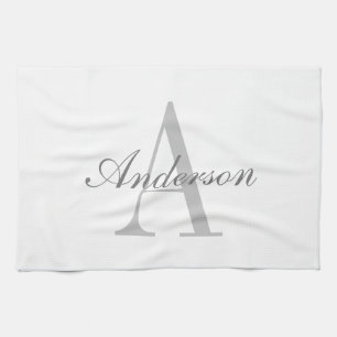 Elegant White & Grey Monogram Tea Towel