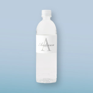Elegant White & Grey Monogram Water Bottle Label