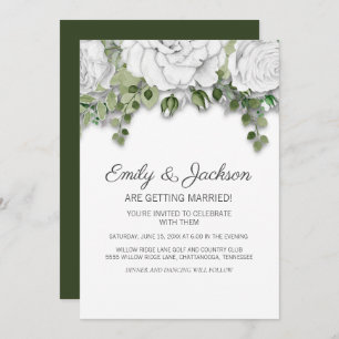 Elegant White Hand Drawn Flowers Green Wedding Invitation