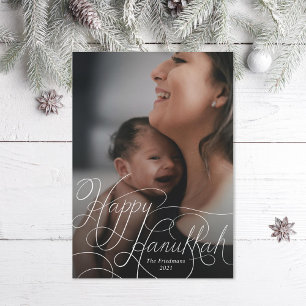 Elegant White Hand Lettered Happy Hanukkah Photo Holiday Card