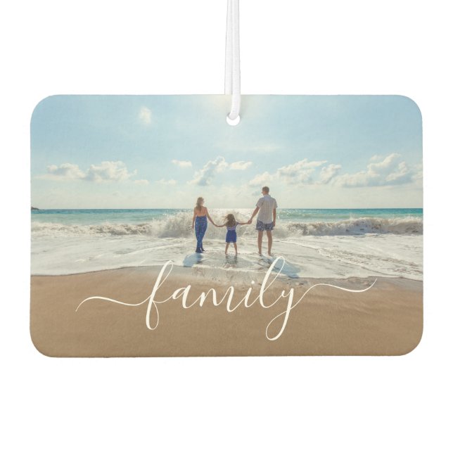 Elegant White Handwritten Script Family Photo Car Air Freshener (Front)