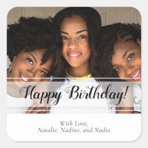 Elegant White Happy Birthday Custom Photo Square  Square Sticker