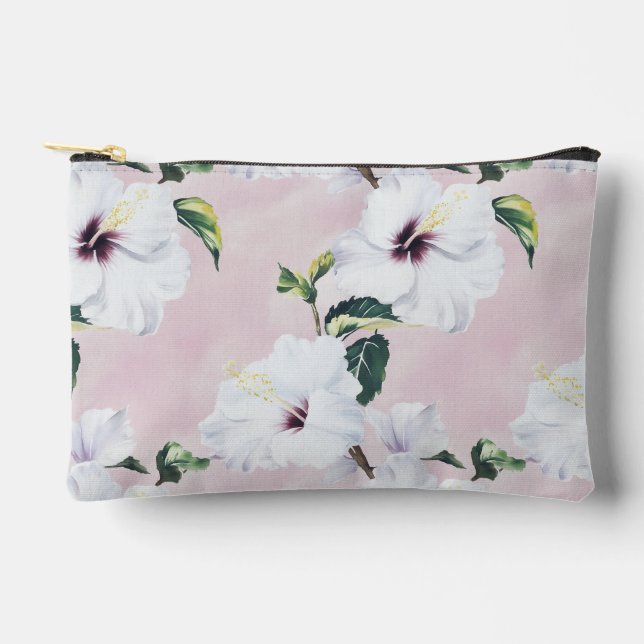 Elegant White Hibiscus on Soft Pink Background Accessory Pouch (Front)