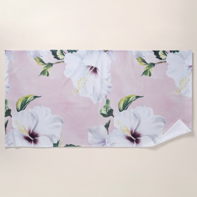 Elegant White Hibiscus on Soft Pink Background Beach Towel (Front)