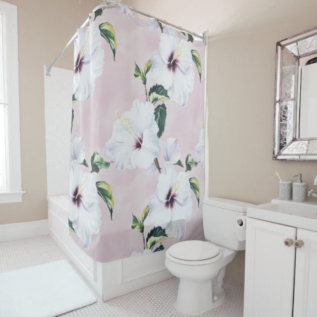 Elegant White Hibiscus on Soft Pink Background Shower Curtain (In Situ)