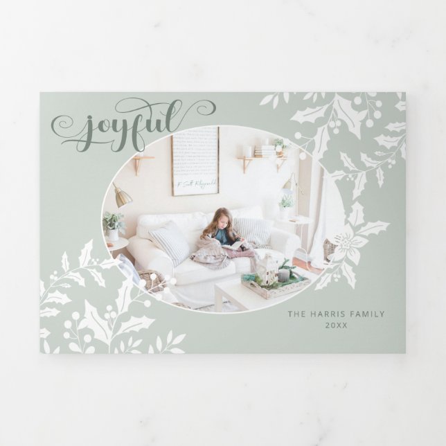 Elegant White Holly on Green w/Calligraphy Photo Tri-Fold Holiday Card (Cover)