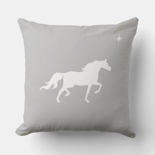 Elegant white horse and star on silver grey cushion (Front)