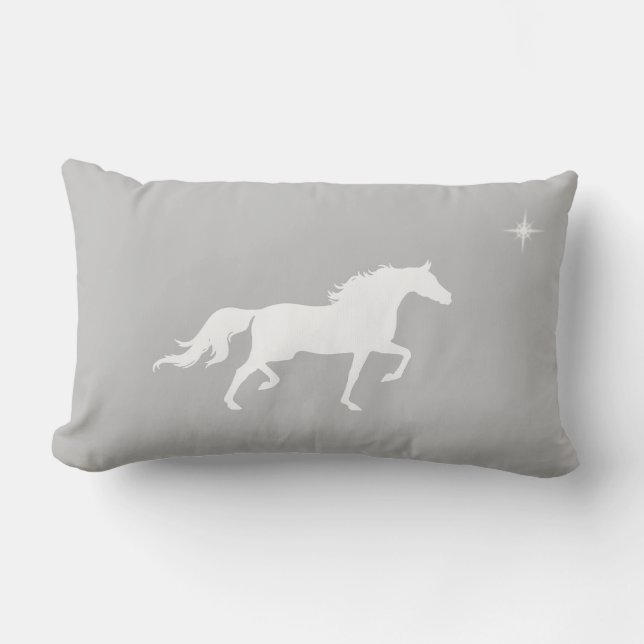 Elegant white horse and star  on silver grey lumbar cushion (Front)