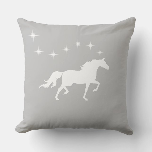 Elegant white horse and stars on silver grey cushion (Front)