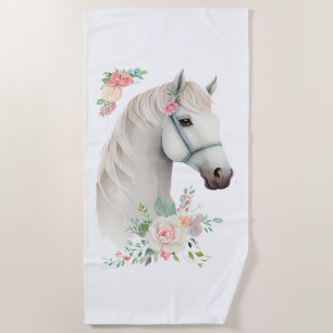 Elegant White Horse Boho Floral Beach Towel