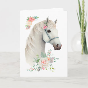 Elegant White Horse Boho Floral Birthday Card