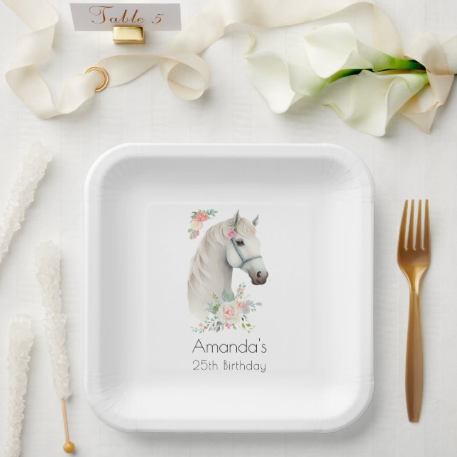 Elegant White Horse Boho Floral Birthday Paper Plate (Wedding)