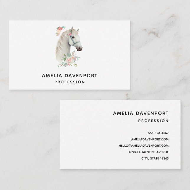 Elegant White Horse Boho Floral Business Card (Front/Back)