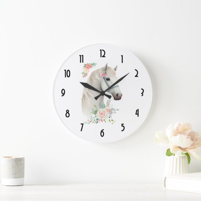 Elegant White Horse Boho Floral Large Clock (Home)