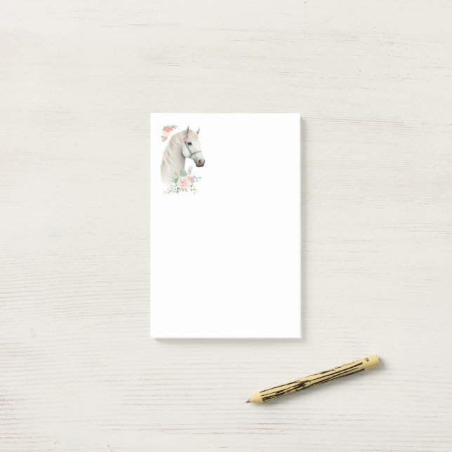 Elegant White Horse Boho Floral Post-it Notes (On Desk)