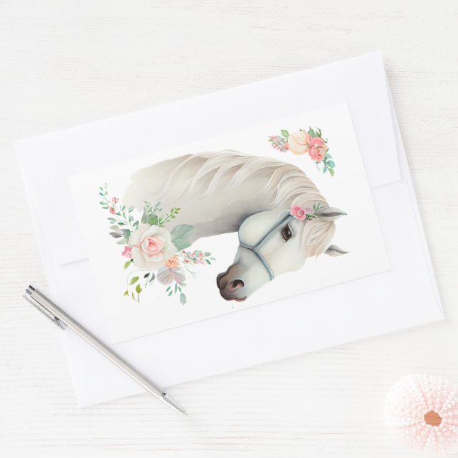Elegant White Horse Boho Floral Rectangular Sticker (Envelope)