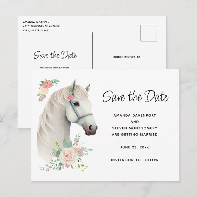 Elegant White Horse Boho Floral Save the Date Invitation Postcard (Front/Back)