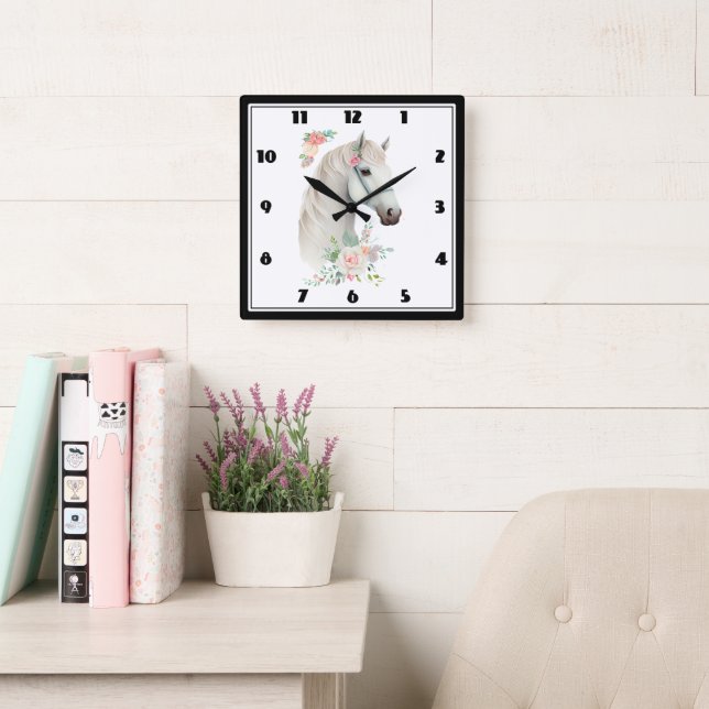 Elegant White Horse Boho Floral Square Wall Clock (Reading Room)