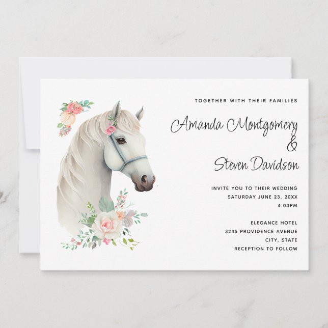 Elegant White Horse Boho Floral Wedding Invitation (Front)
