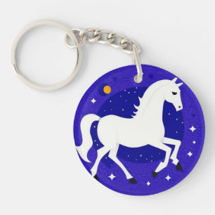Elegant White Horse in Cosmic Night Display Key Ring