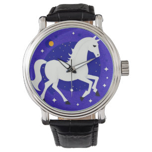 Elegant White Horse in Cosmic Night Display Watch