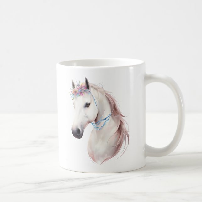 Elegant White Horse with Floral Crown Art Print Coffee Mug (Right)