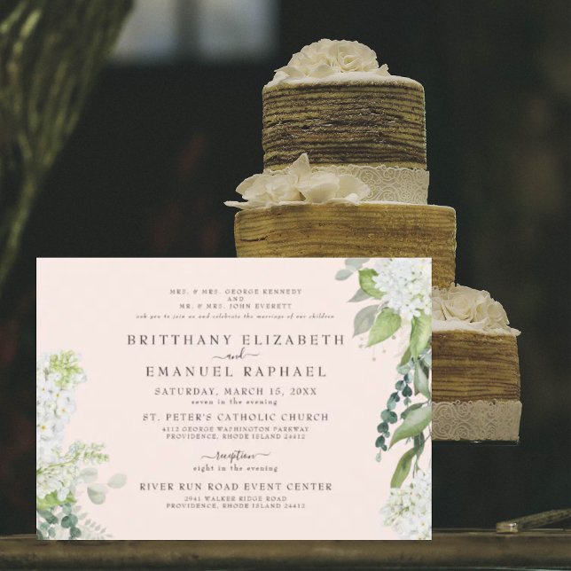 Elegant White Hydrangea Blush Both Parents Wedding Invitation (Creator Uploaded)