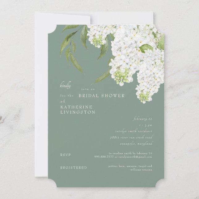 Elegant White Hydrangea Dark Sage Bridal Shower  Invitation (Front)