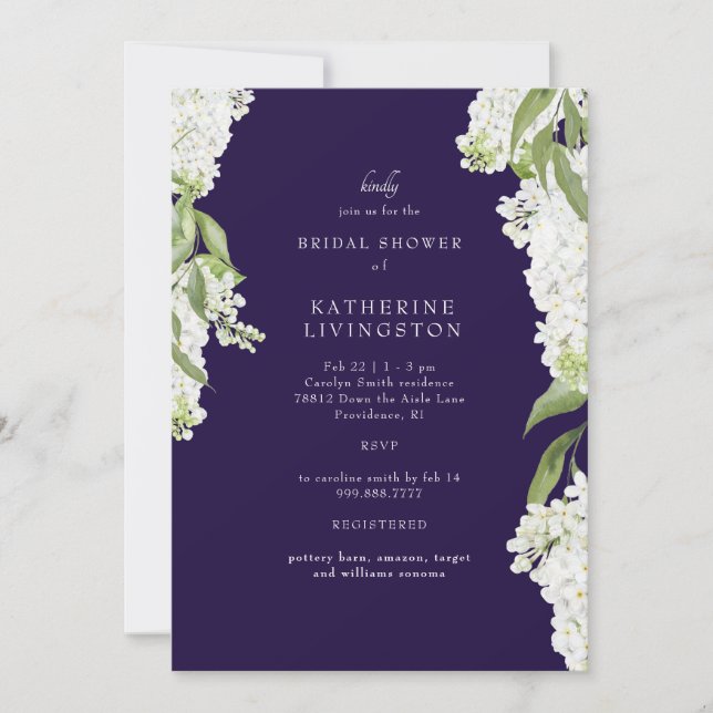 Elegant White Hydrangea Navy Bridal Shower Invitation (Front)