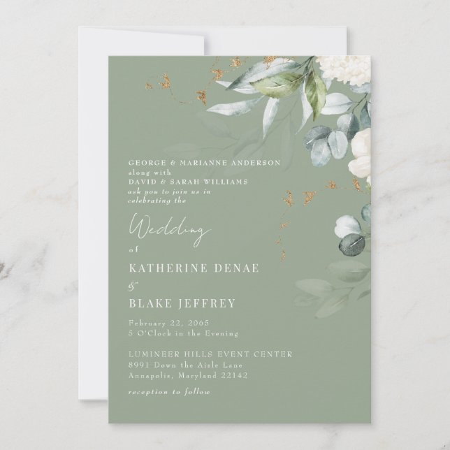 Elegant White Hydrangea Sage Both Parents Wedding Invitation (Front)