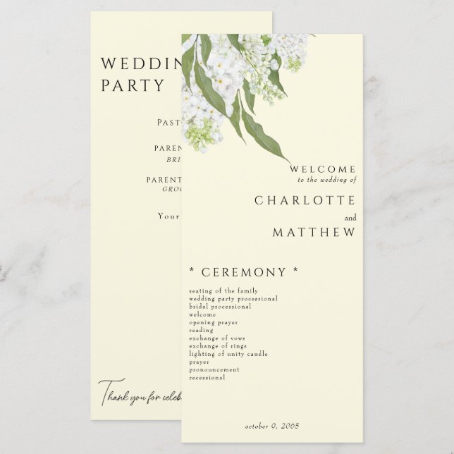 Elegant White Hydrangea Yellow Wedding Program (Front/Back)