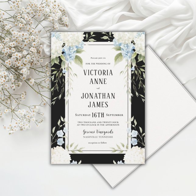 Elegant White Hydrangeas Black Floral Wedding Invitation (Creator Uploaded)
