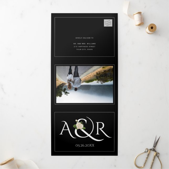 Elegant white initials and ampersand, rose wedding Tri-Fold invitation (Outside)