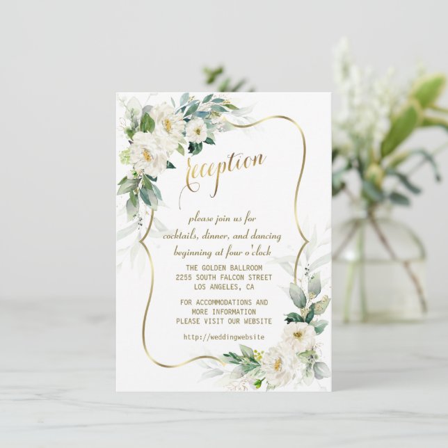 Elegant White Ivory Flowers Gold Wedding Reception Invitation (Standing Front)
