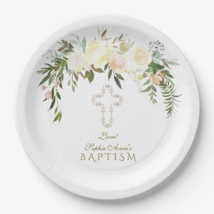 Elegant White Ivory Watercolour Floral Baptism Paper Plate