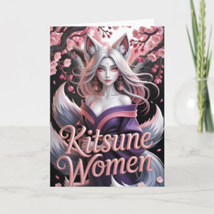 Elegant White Kitsune Woman with Sakura Blossoms Card